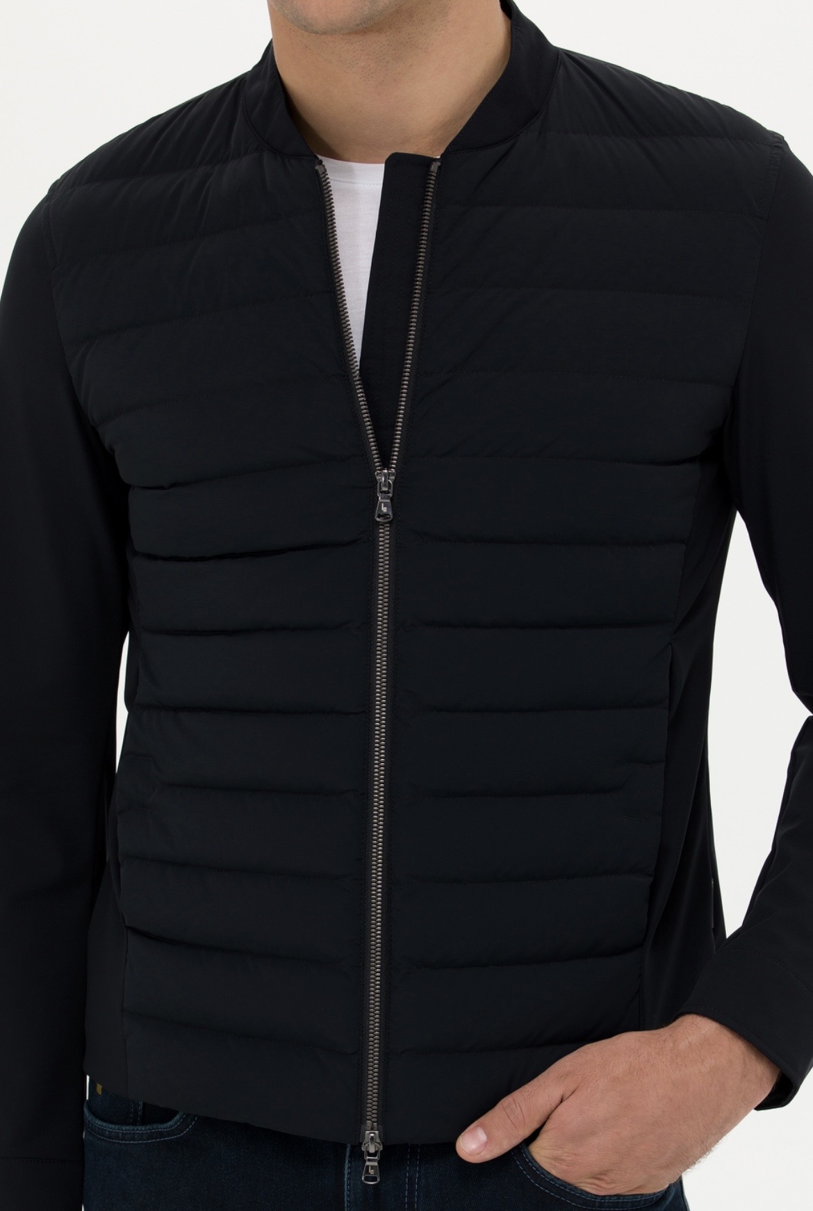 Made Tekstil black quilted bomber jacket detail